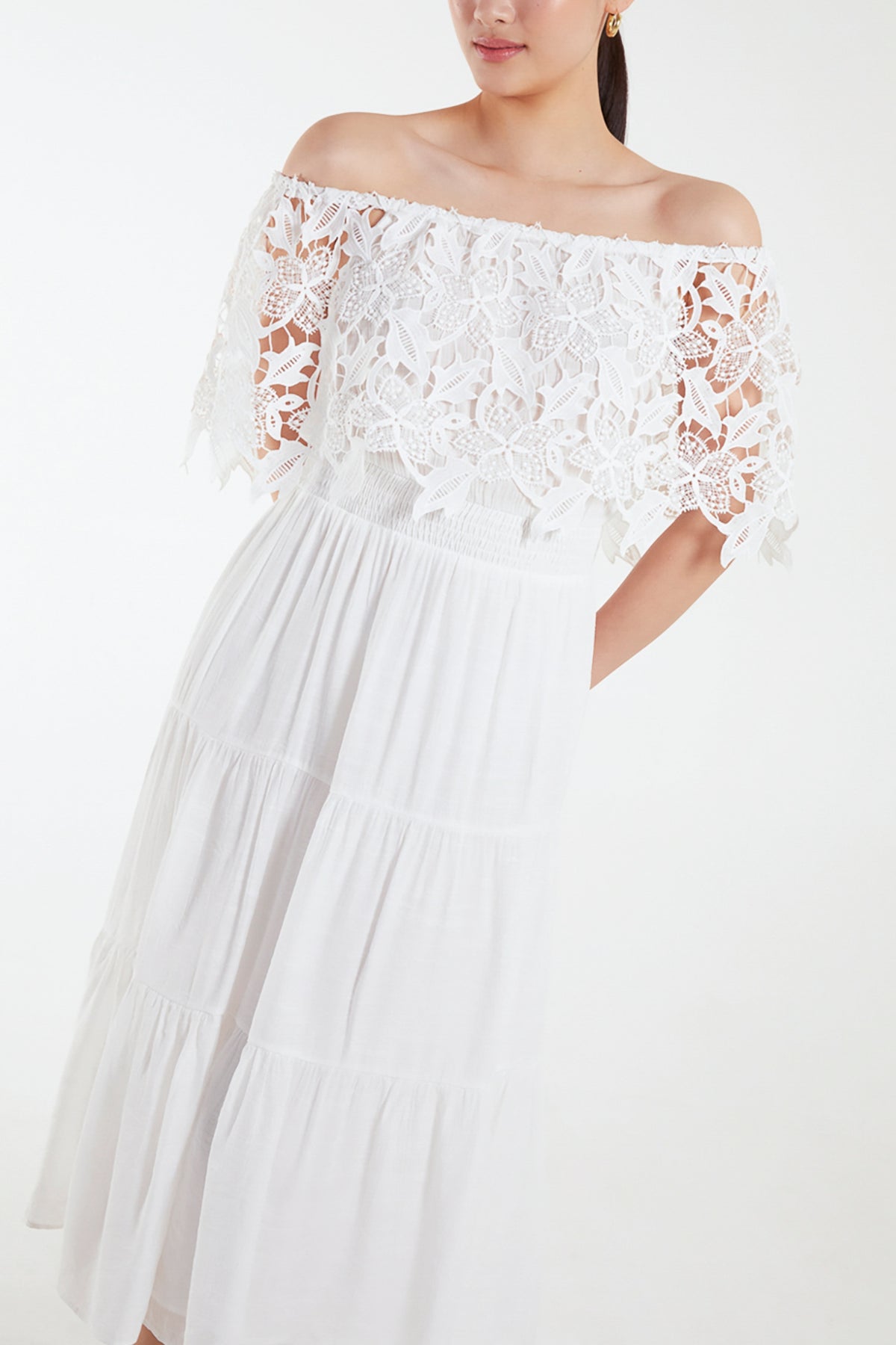Lace Shirred Bardot Midi Dress