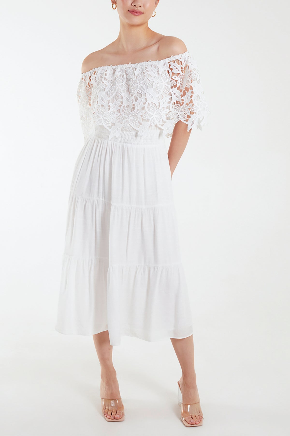 Lace Shirred Bardot Midi Dress
