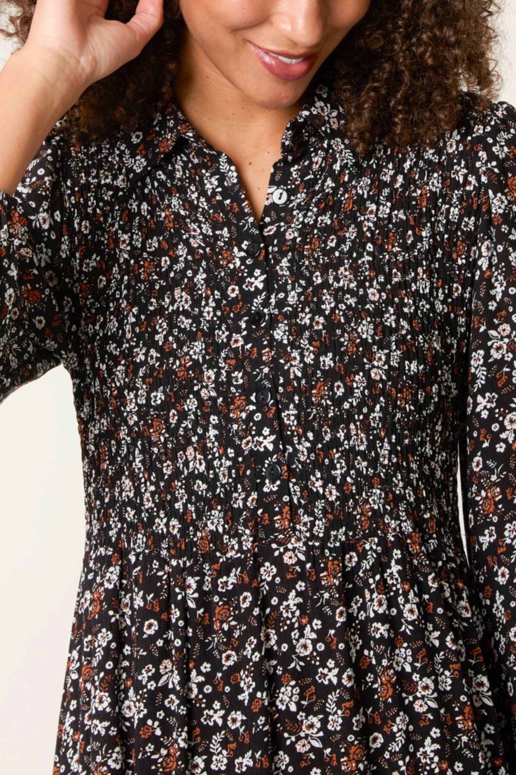 Ditsy Autumn Floral Shirred Stretch Button Dress