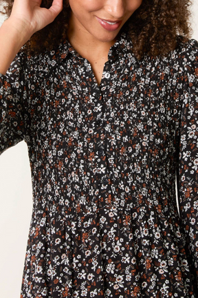 Ditsy Autumn Floral Shirred Stretch Button Dress