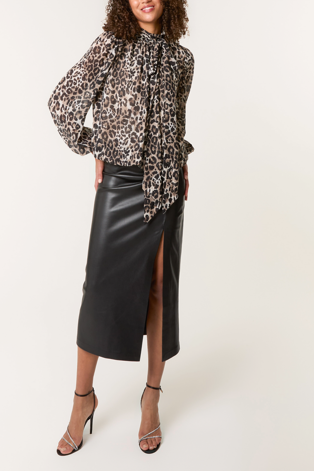 High Tie Neck Diamante Animal Blouse