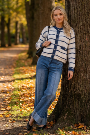 Denim Trim Striped Knit Cardigan