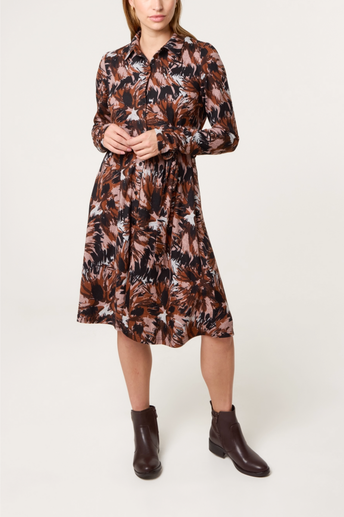 Abstract Belted Shirt Midi Dress