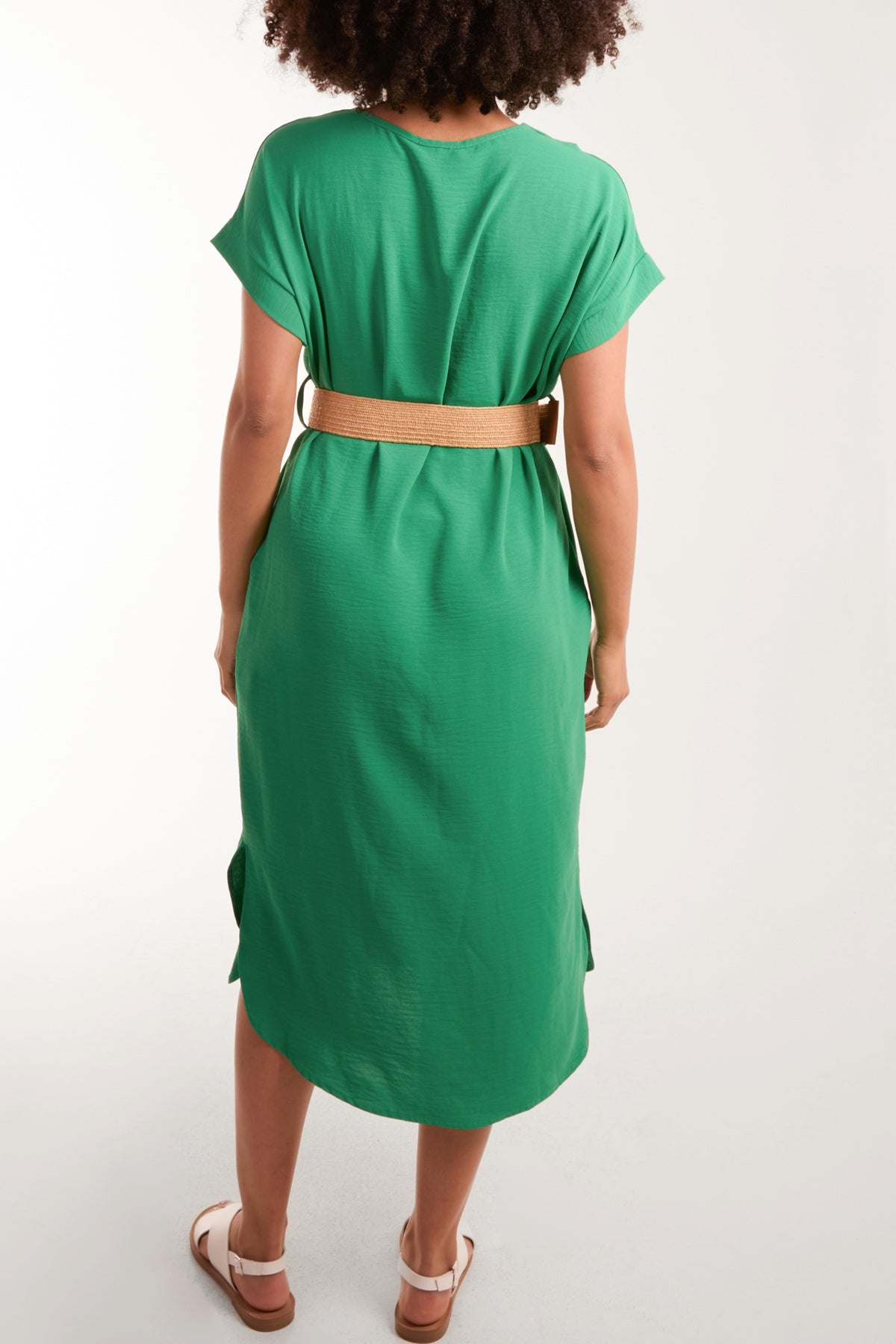 Woven Belted V-Neck Midi Dress