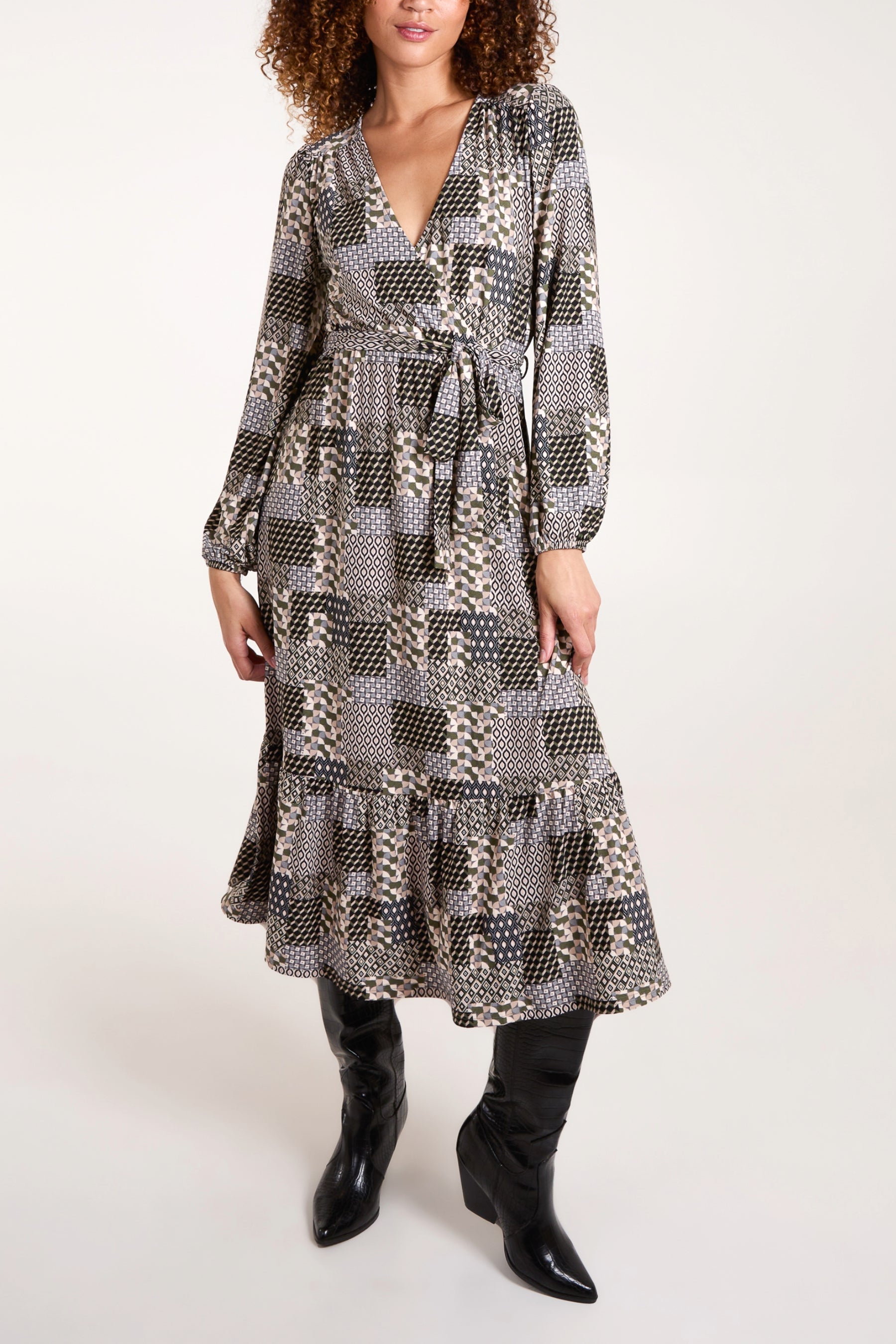 Patchwork Print Wrap Front Stretch Dress