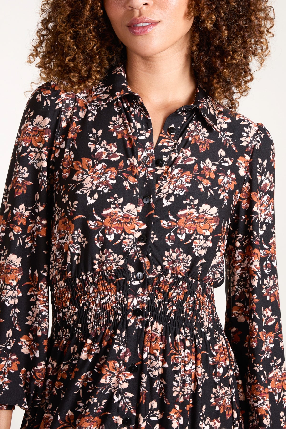 Floral Print Shirred Waist Button Dress