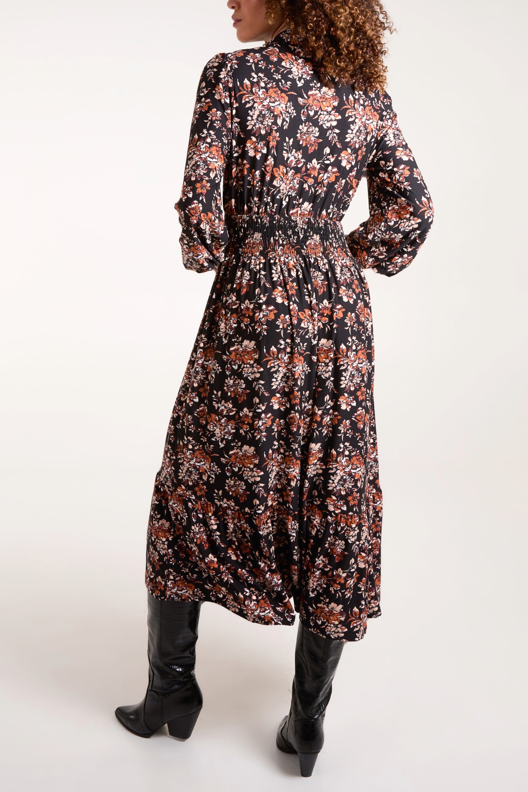 Floral Print Shirred Waist Button Stretch Dress