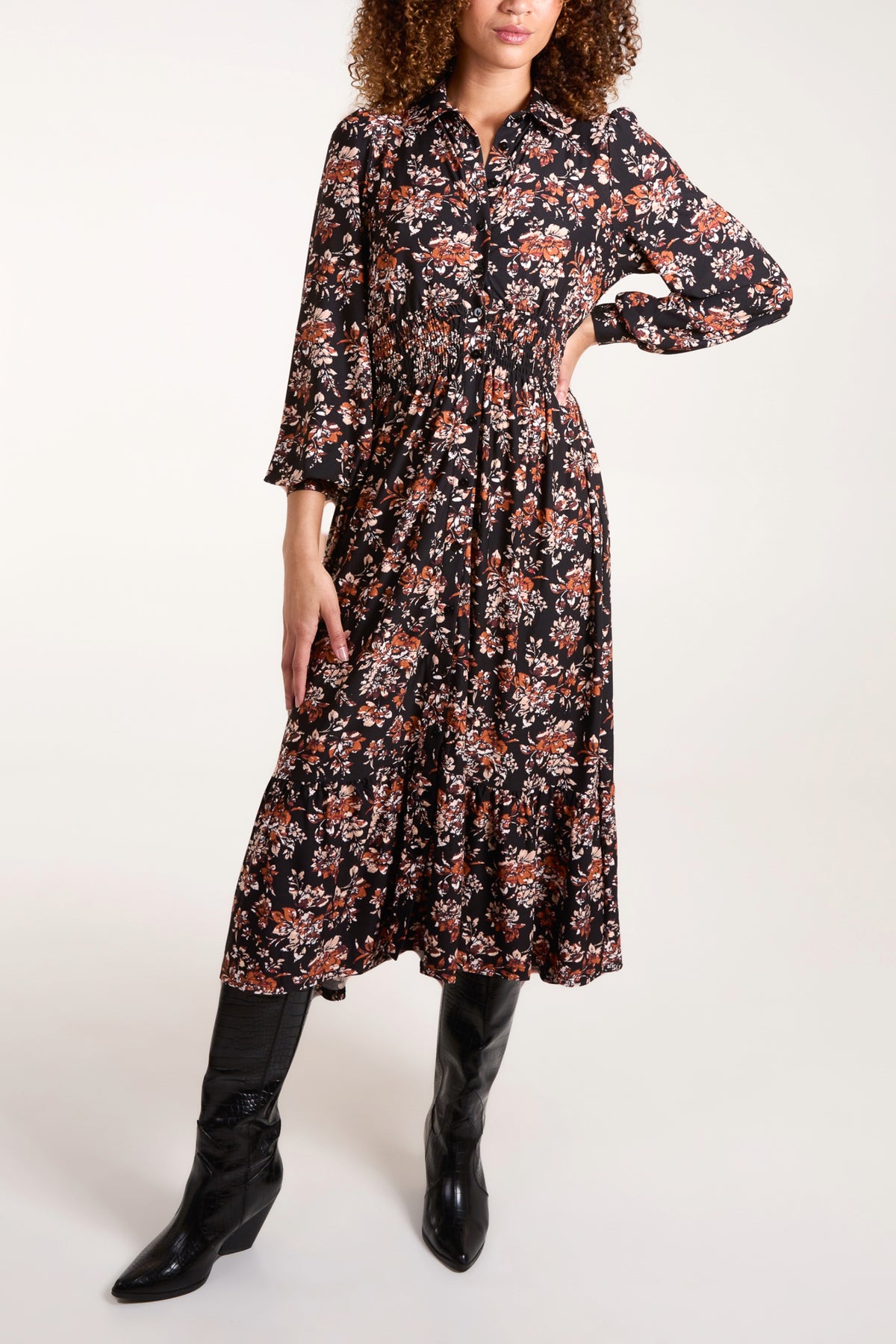 Floral Print Shirred Waist Button Dress