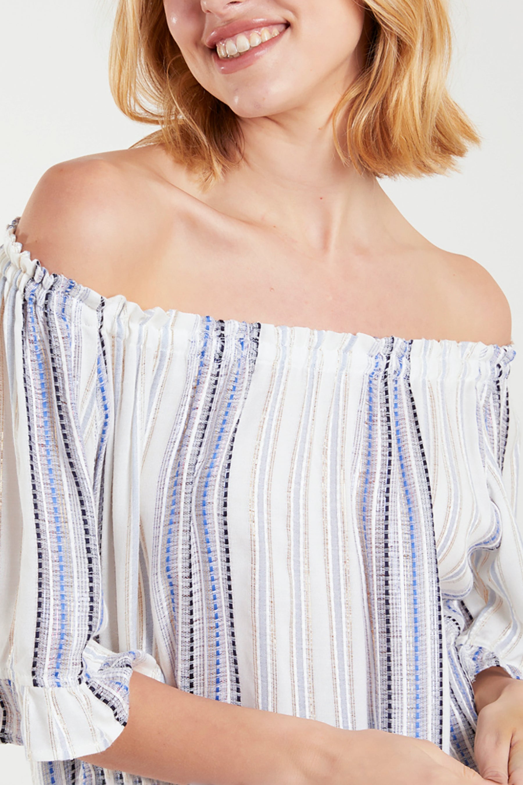 Striped Frill Sleeve Bardot Top