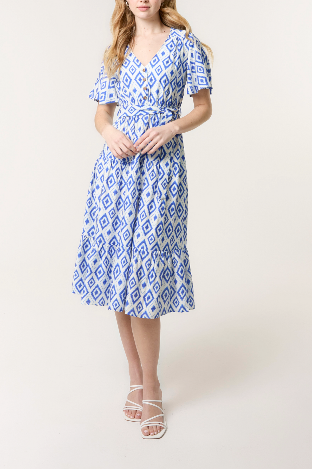 Diamond Print Belt & Button Midi Dress