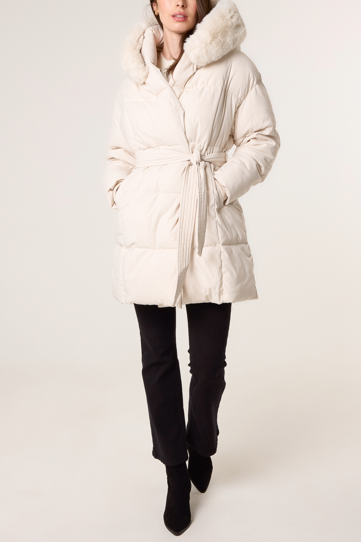 Mid-Length Puffer Fur Hood Coat