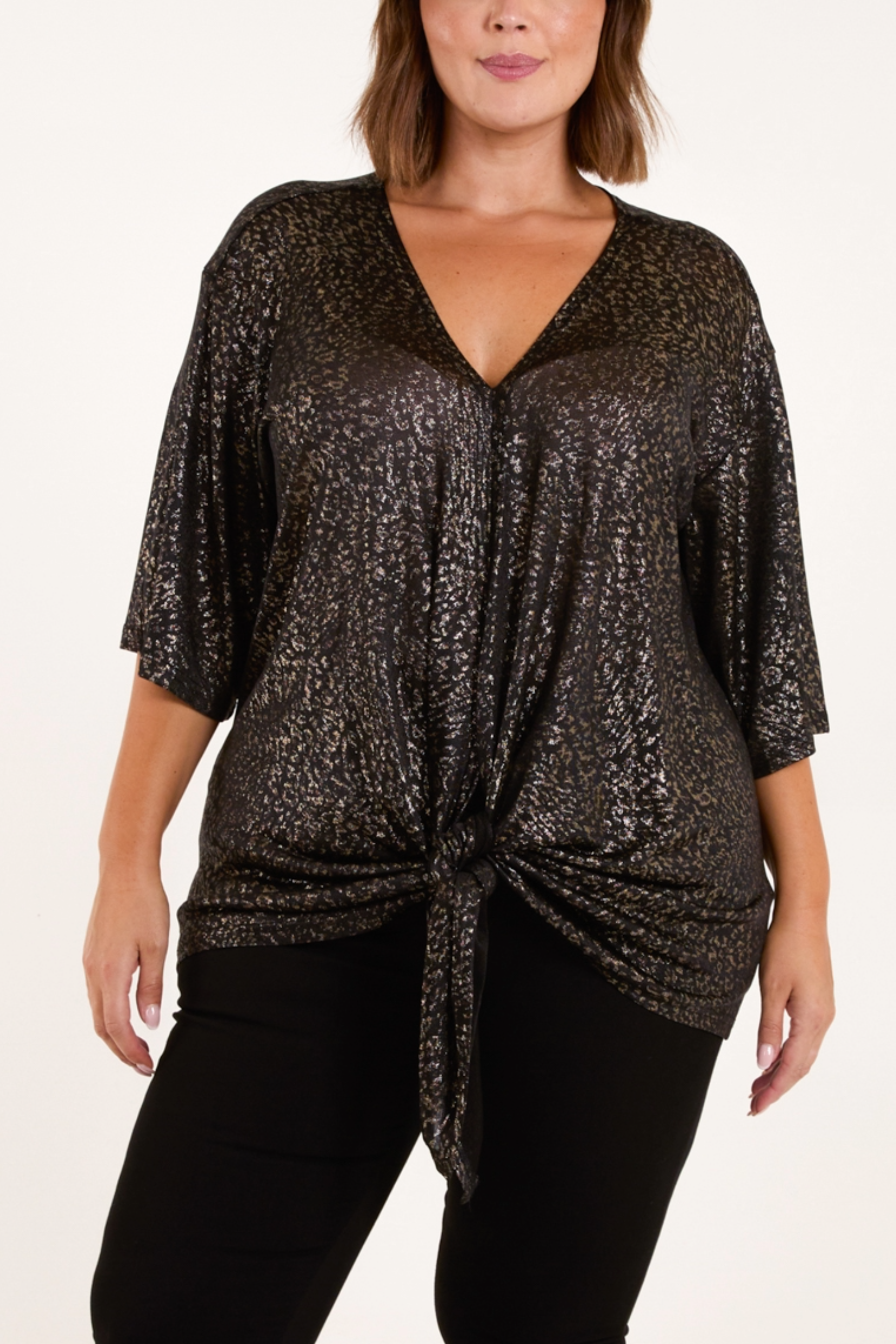 Curve Metallic Leopard V-Neck Tie Front Top