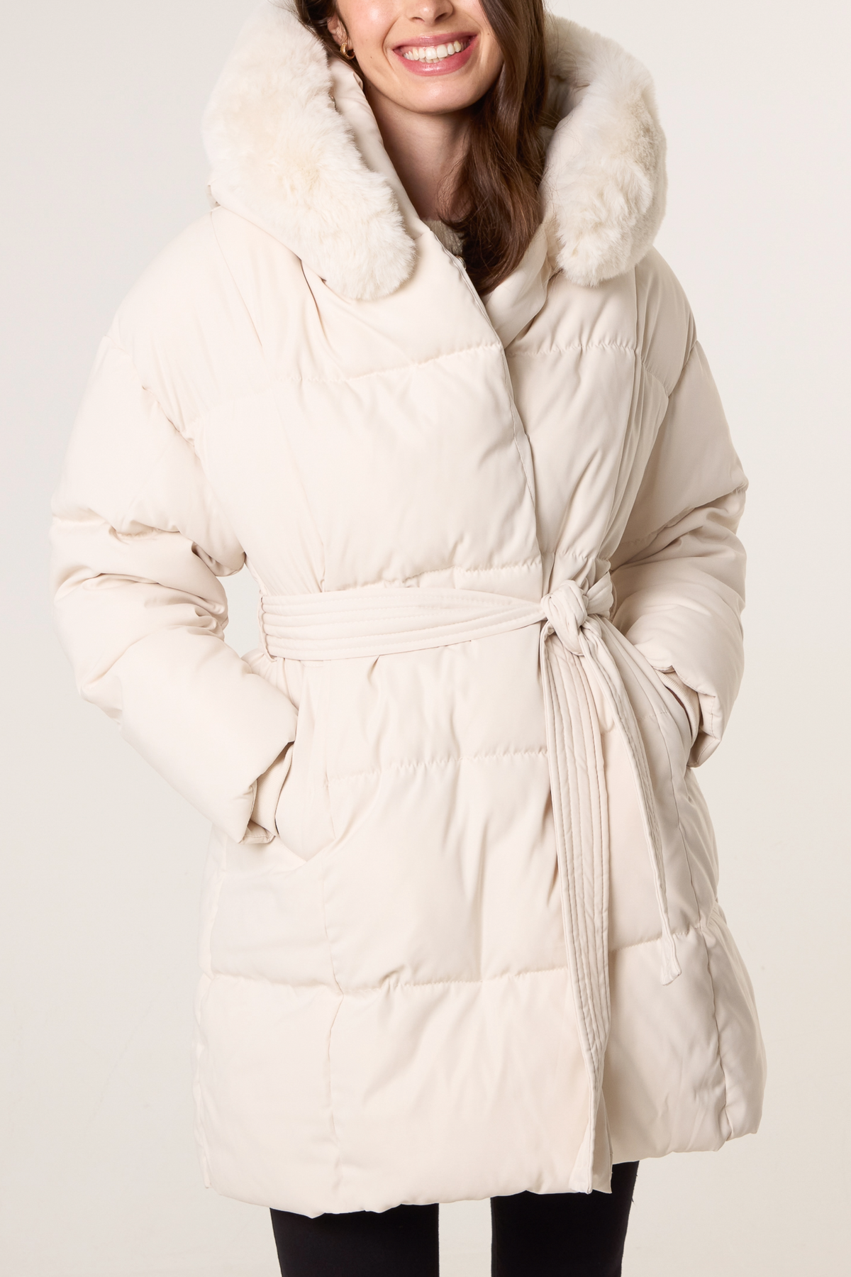 Mid-Length Puffer Fur Hood Coat