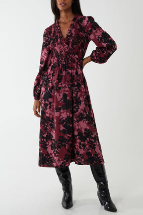 Floral Shirred Bust Wrap Midi Dress