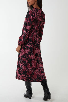 Floral Shirred Bust Wrap Midi Dress