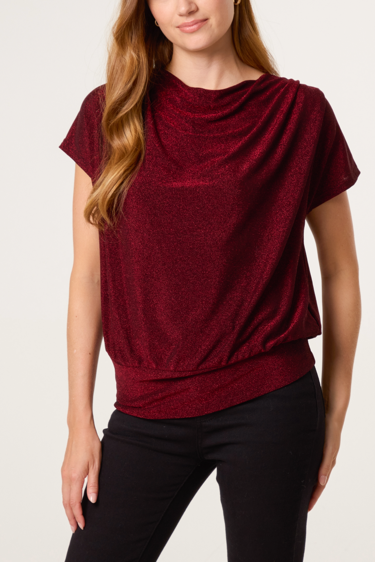 Cowl Neck Metallic Draped Top