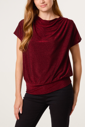 Cowl Neck Metallic Draped Top