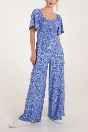 Ditsy Floral Round Neck Shirred Jumpsuit