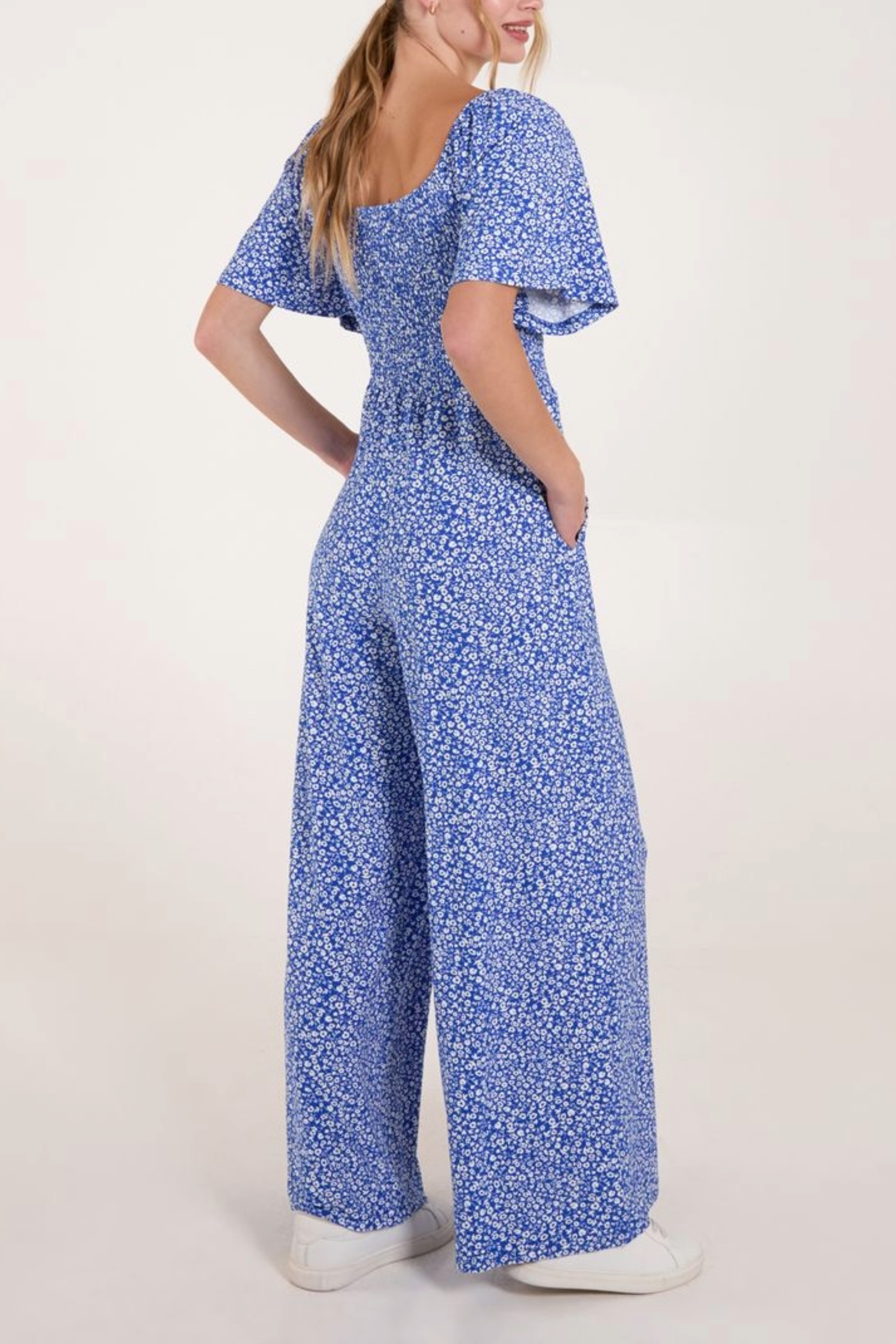 Ditsy Floral Round Neck Shirred Jumpsuit