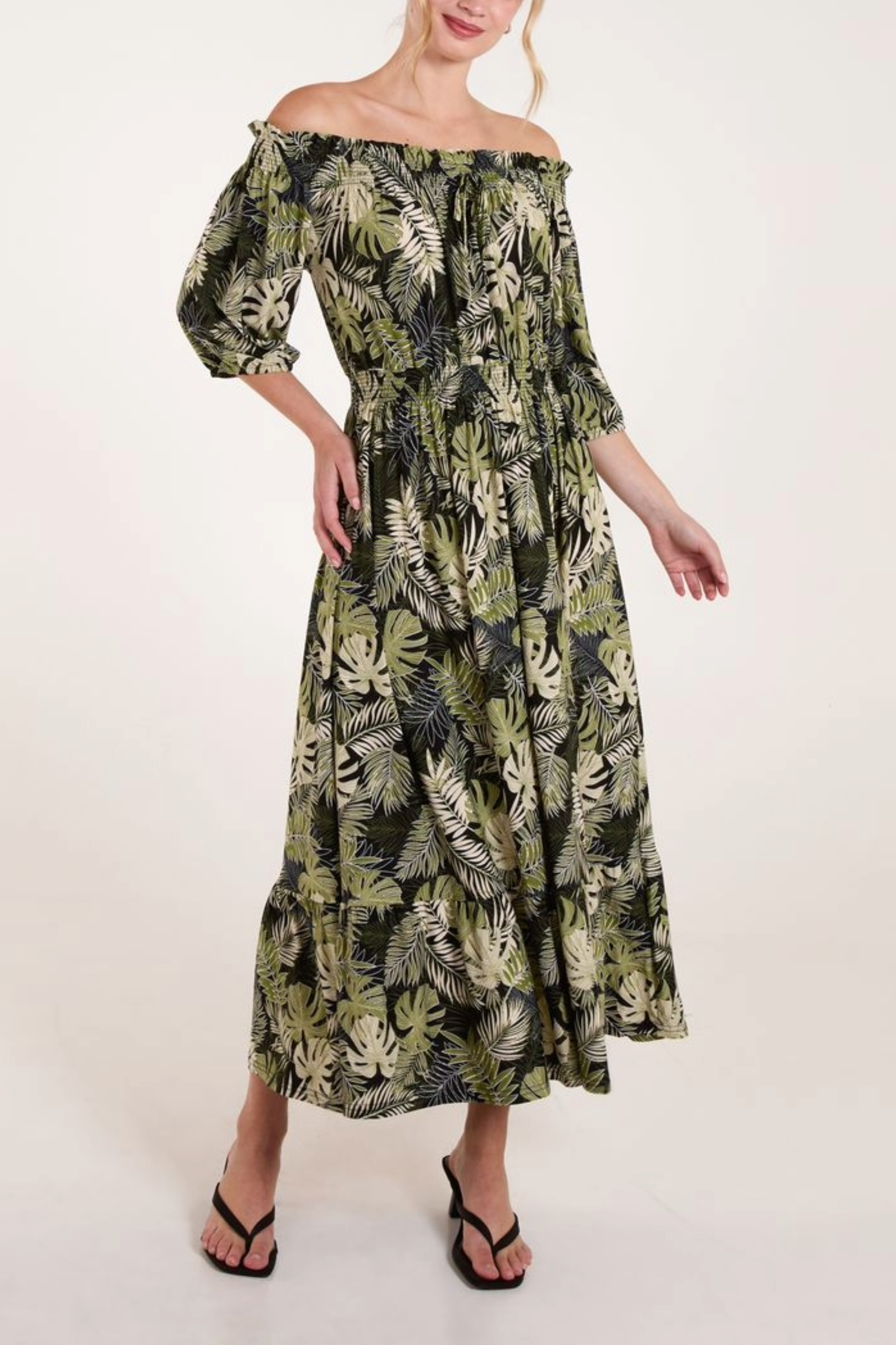 Leaf Print Bardot Tie Midi Dress