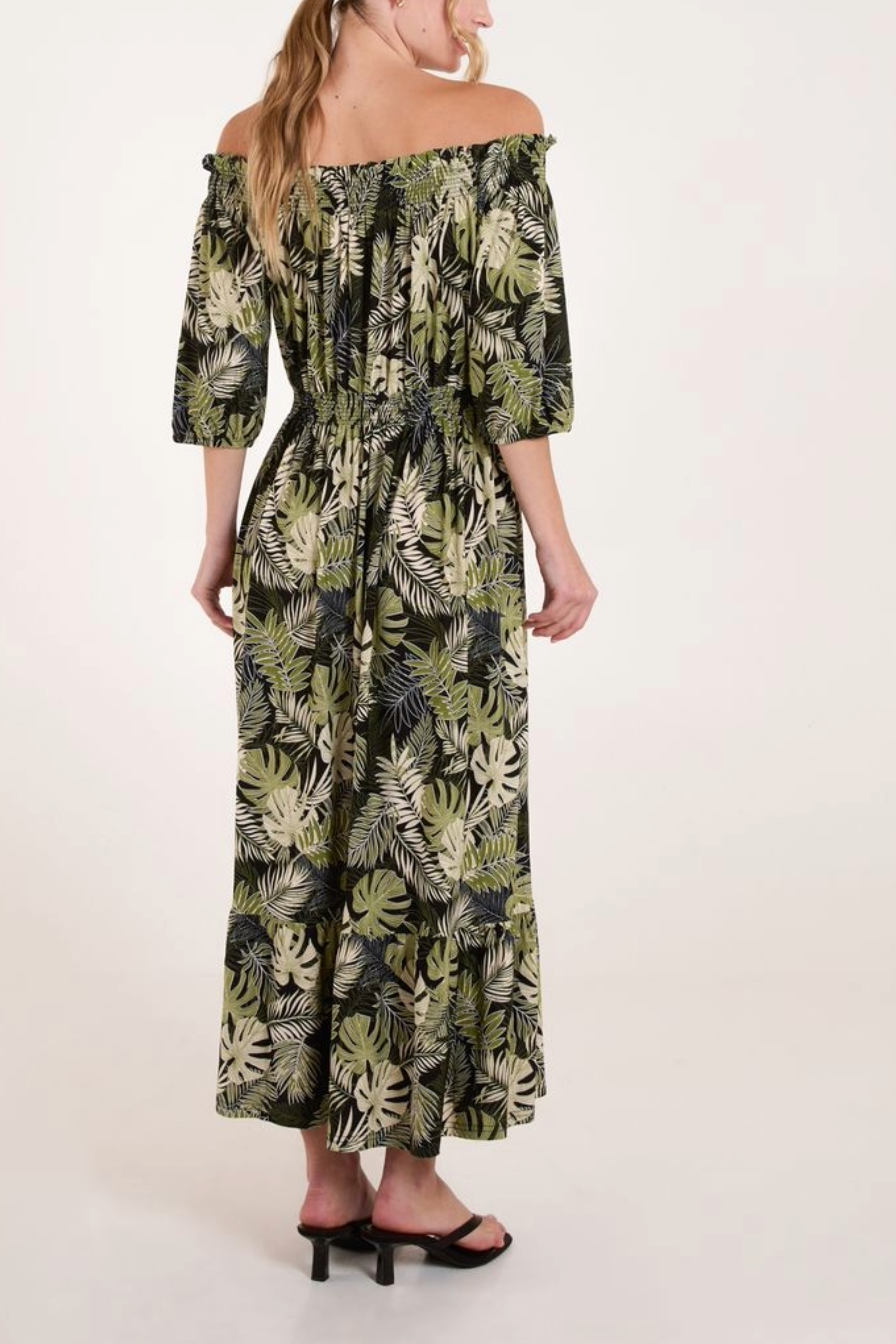 Leaf Print Bardot Tie Midi Dress