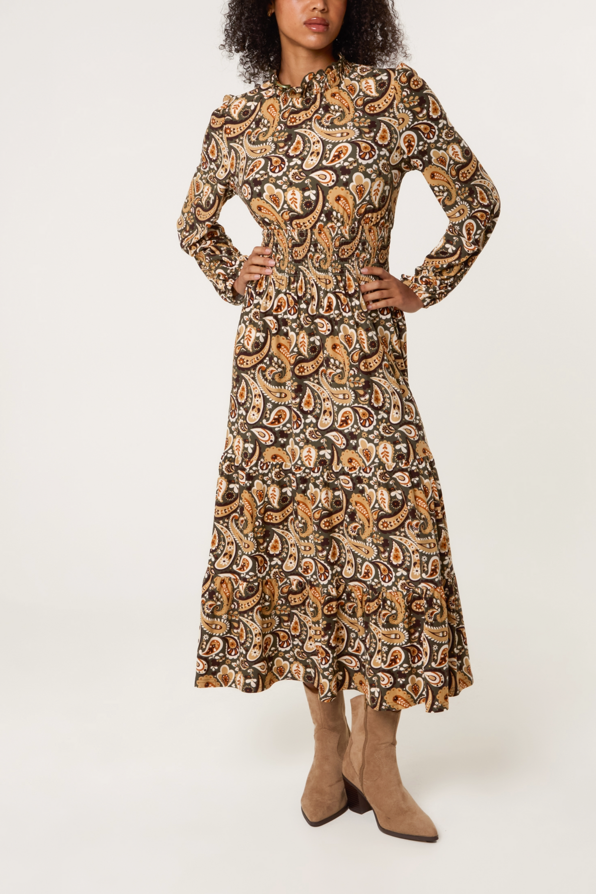Shirred High Neck Paisley Stretch Dress
