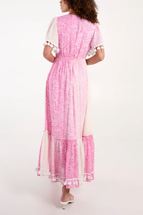 Wrap Front Paisley Tassel Maxi Dress