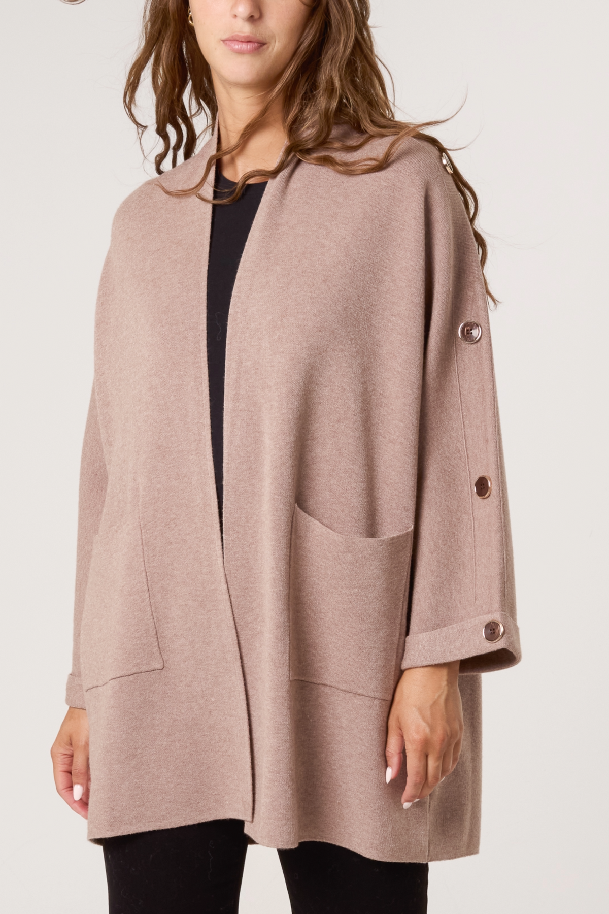 Button Sleeve Open Front Cardigan