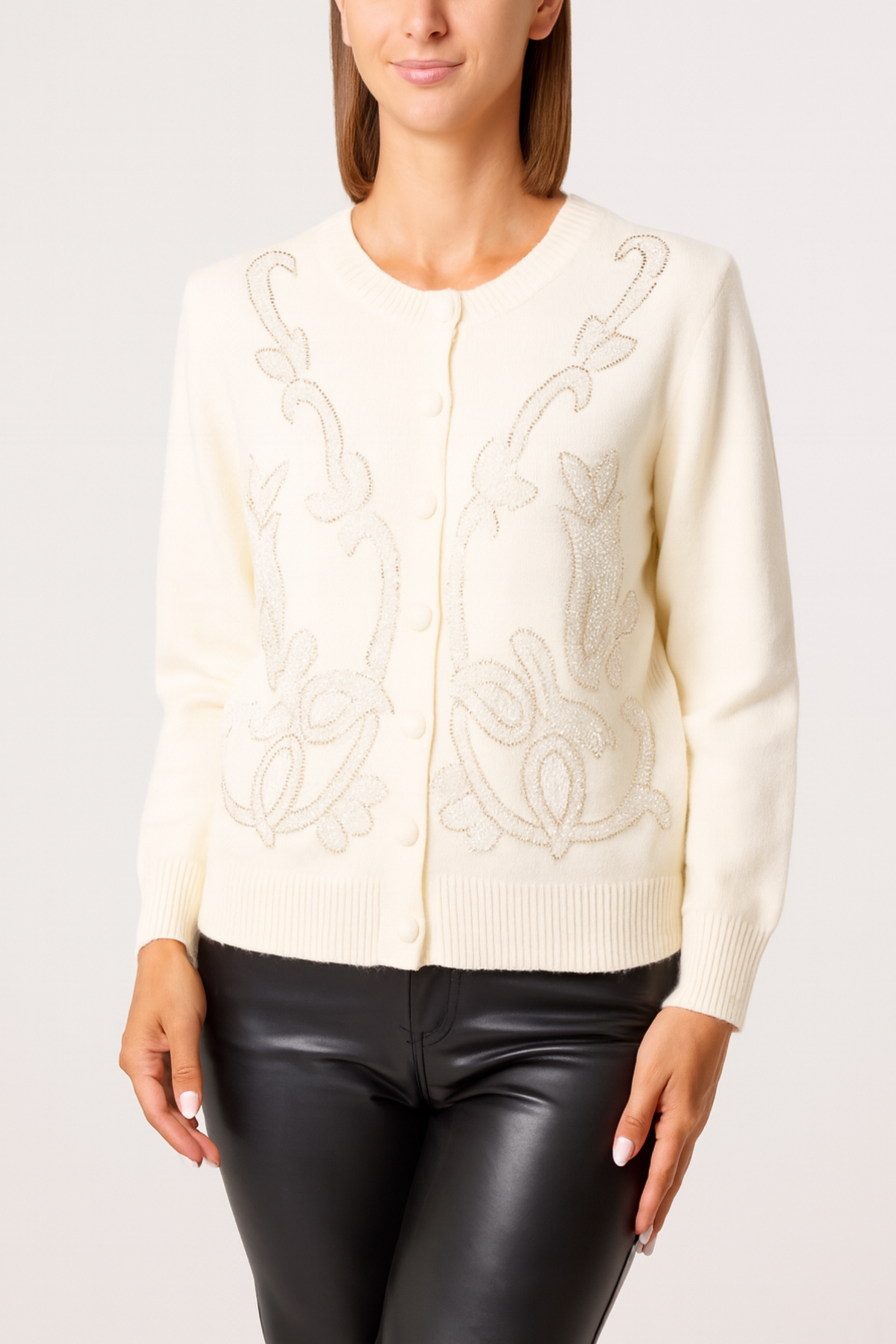 Beaded Vine Round Neck Knit Cardigan
