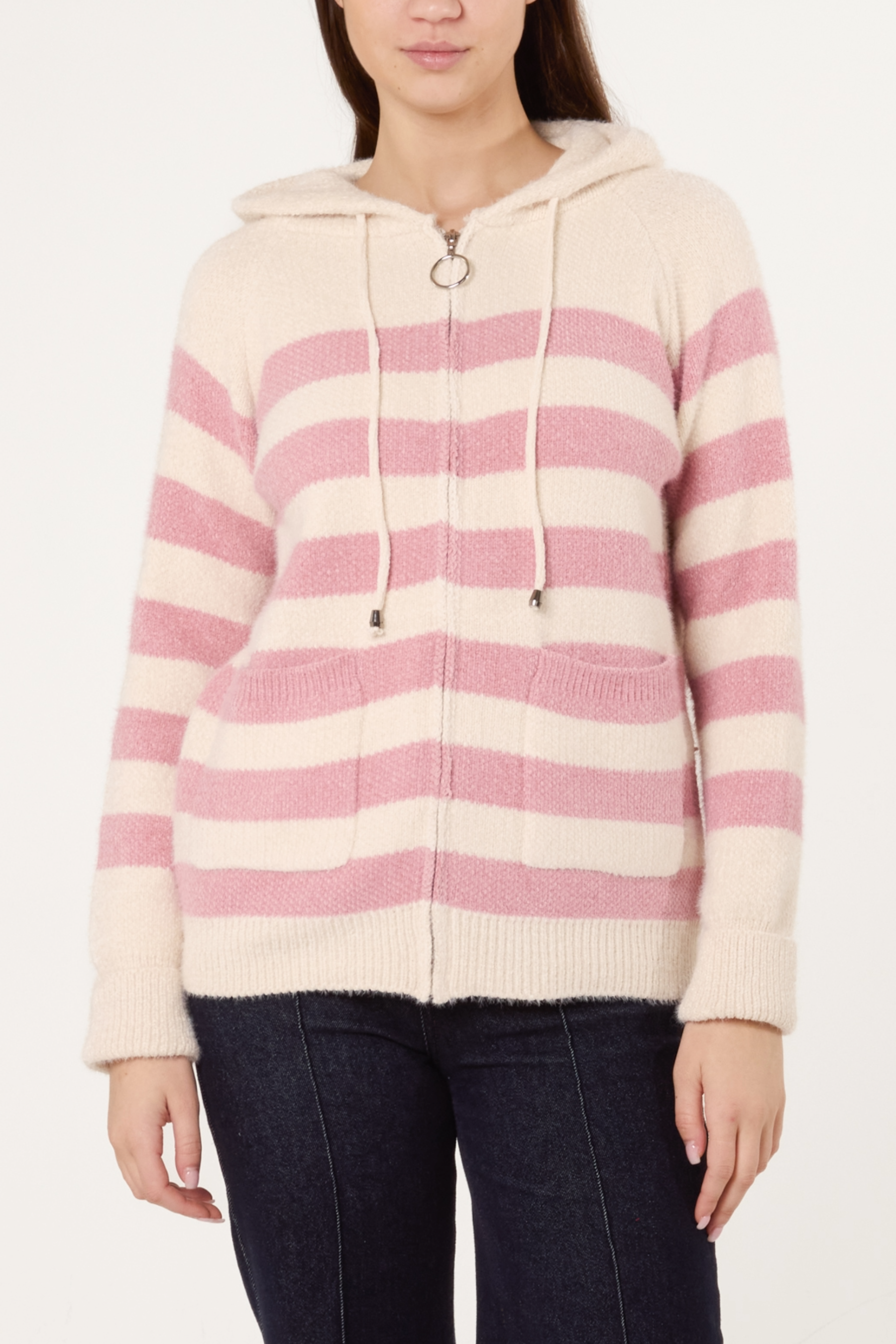Striped Zip Up & Pocket Cosy Knit Hoodie