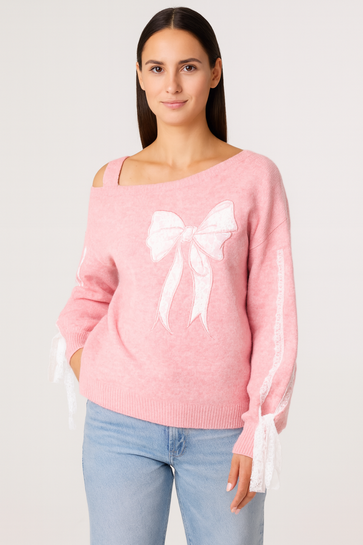 Embroidered & Lace Bow One Shoulder Jumper