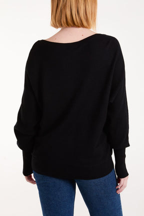 Black Ribbed Knit V-Neck Jumper