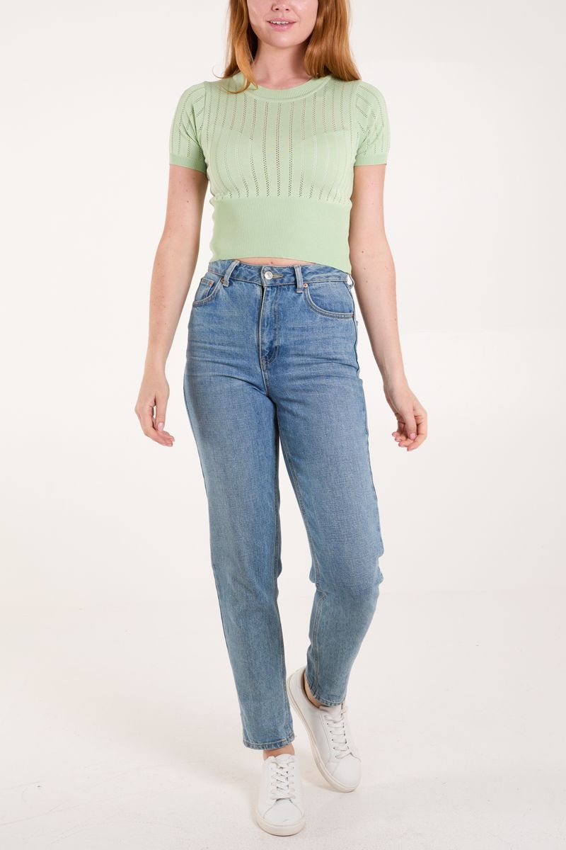 Round Neck Short Sleeve Ribbed Crop Jumper