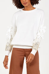 Sequin and Bow Trim Sleeves Jumper