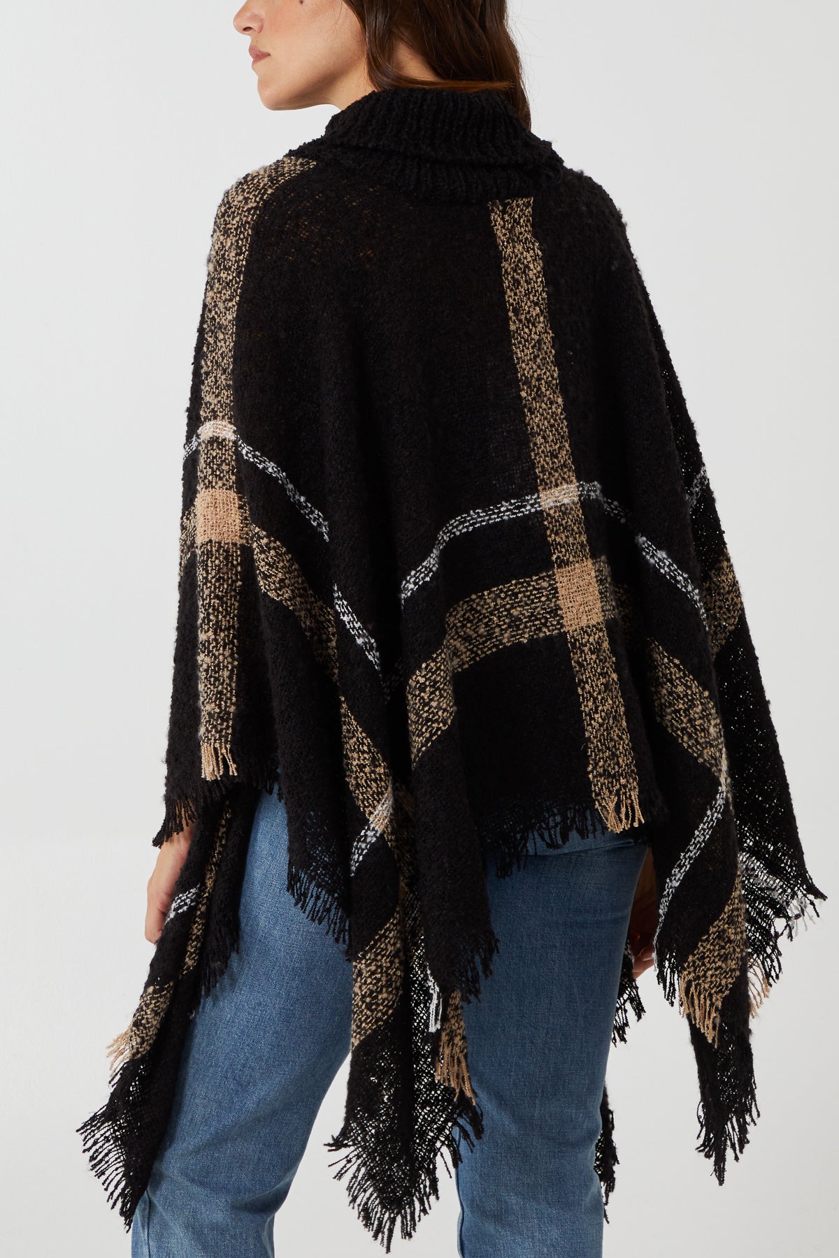 Roll Neck Plaid Check Poncho