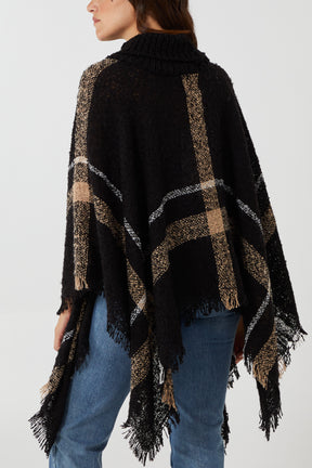 Roll Neck Plaid Check Poncho
