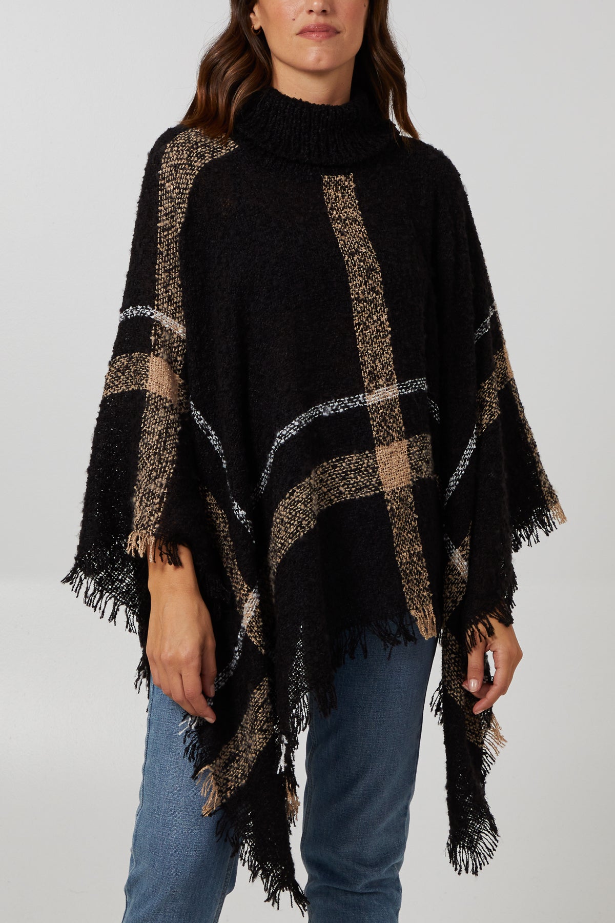 Roll Neck Plaid Check Poncho