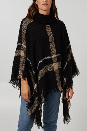 Roll Neck Plaid Check Poncho
