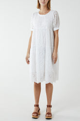 Broderie Tiered Puff Sleeve Midi Dress