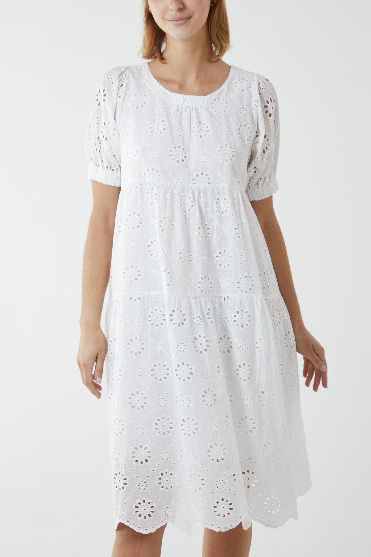Broderie Tiered Shift Midi Dress