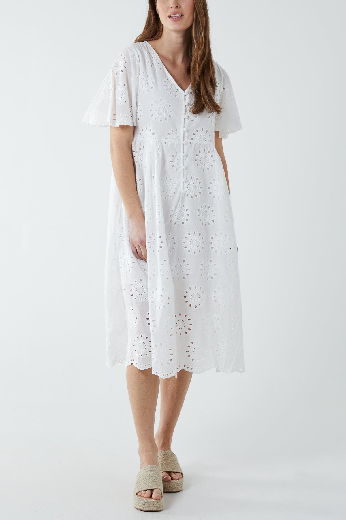 Broderie Tiered Button Smock Dress