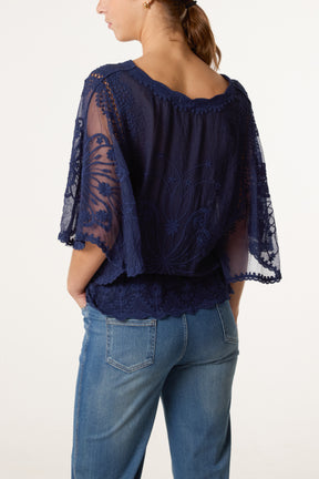 Floral Lace Butterfly Sleeve Blouse