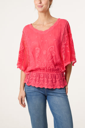 Floral Lace Butterfly Sleeve Blouse