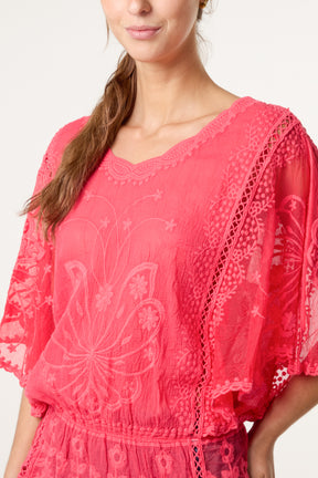 Floral Lace Butterfly Sleeve Blouse