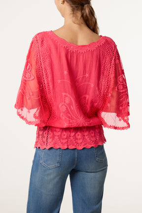 Floral Lace Butterfly Sleeve Blouse