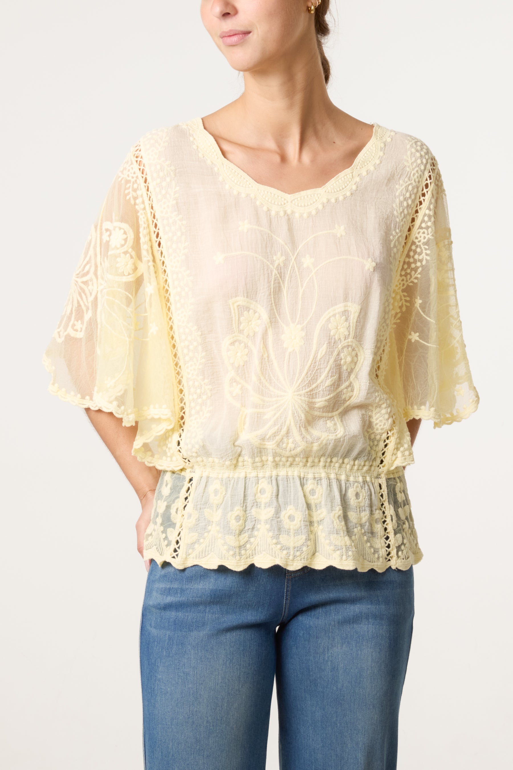 Floral Lace Butterfly Sleeve Blouse