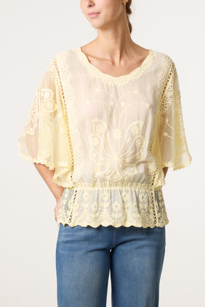 Floral Lace Butterfly Sleeve Blouse
