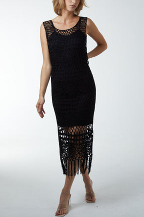 Tassel Hem Crochet Knit Sleeveless Midi Dress