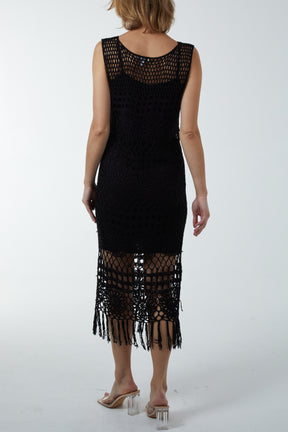 Tassel Hem Crochet Knit Sleeveless Midi Dress
