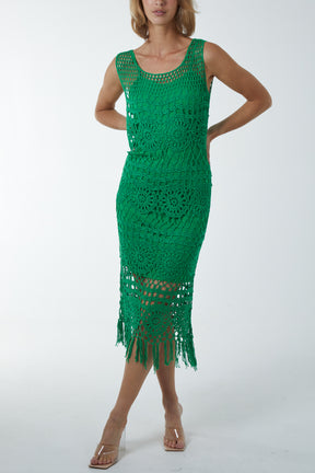 Tassel Hem Crochet Knit Sleeveless Midi Dress